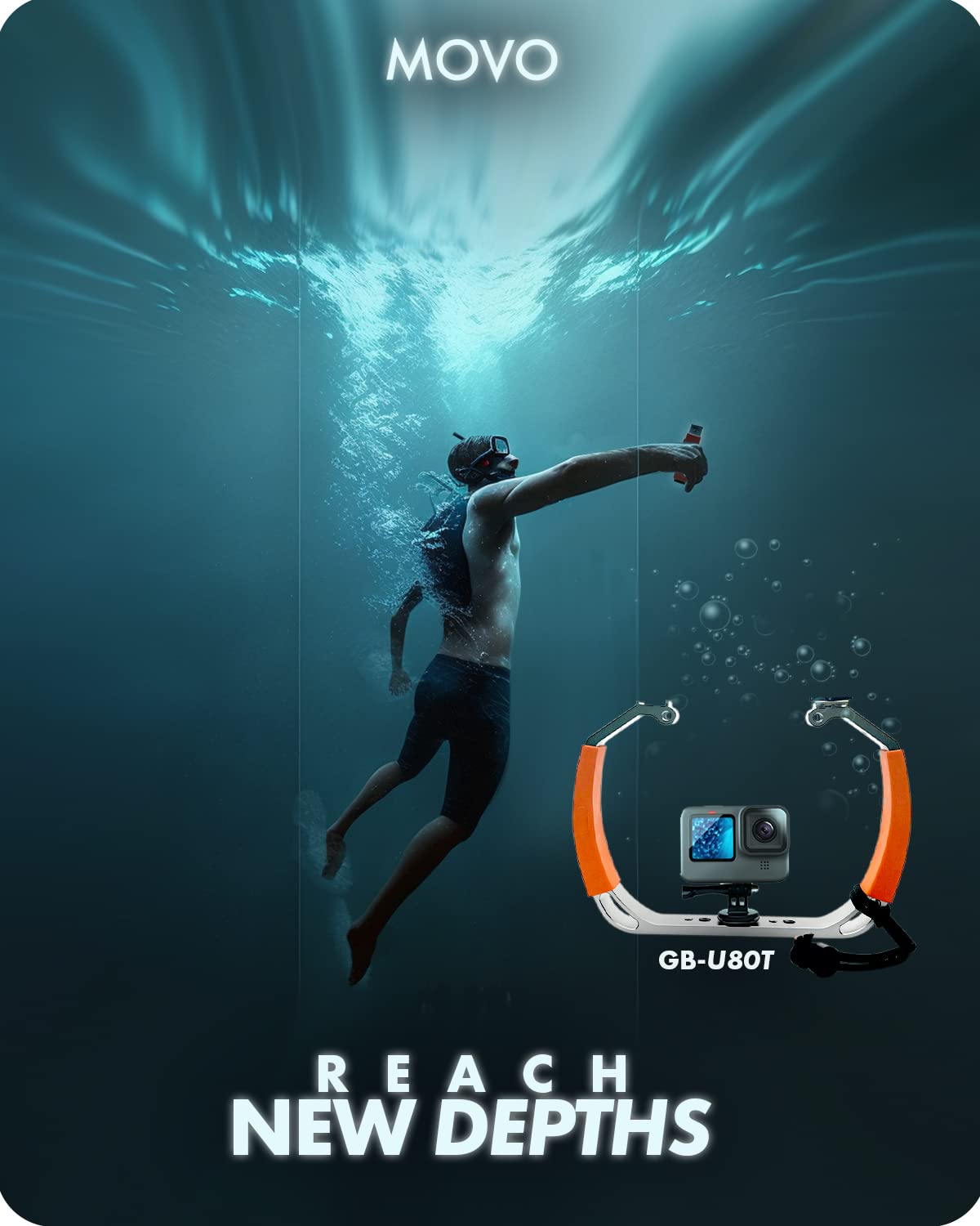 Movo GB-U80T Underwater Diving Rig with Cold Shoe Mounts, Strap - Compatible with GoPro Hero, HERO6, HERO7, HERO8, HERO9, HERO10, HERO11, Osmo Action - Scuba GoPro Accessory (XL/Tangerine)