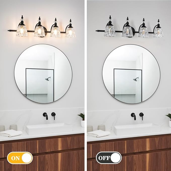 Bathroom Vanity Light, Matte Black 4 Light Vanity Lighting Fixtures, Antique Vanity Light with Flower Glass Shade, Bathroom Lighting Fixture Over Mirror, Sconces Wall Lighting for Hallway