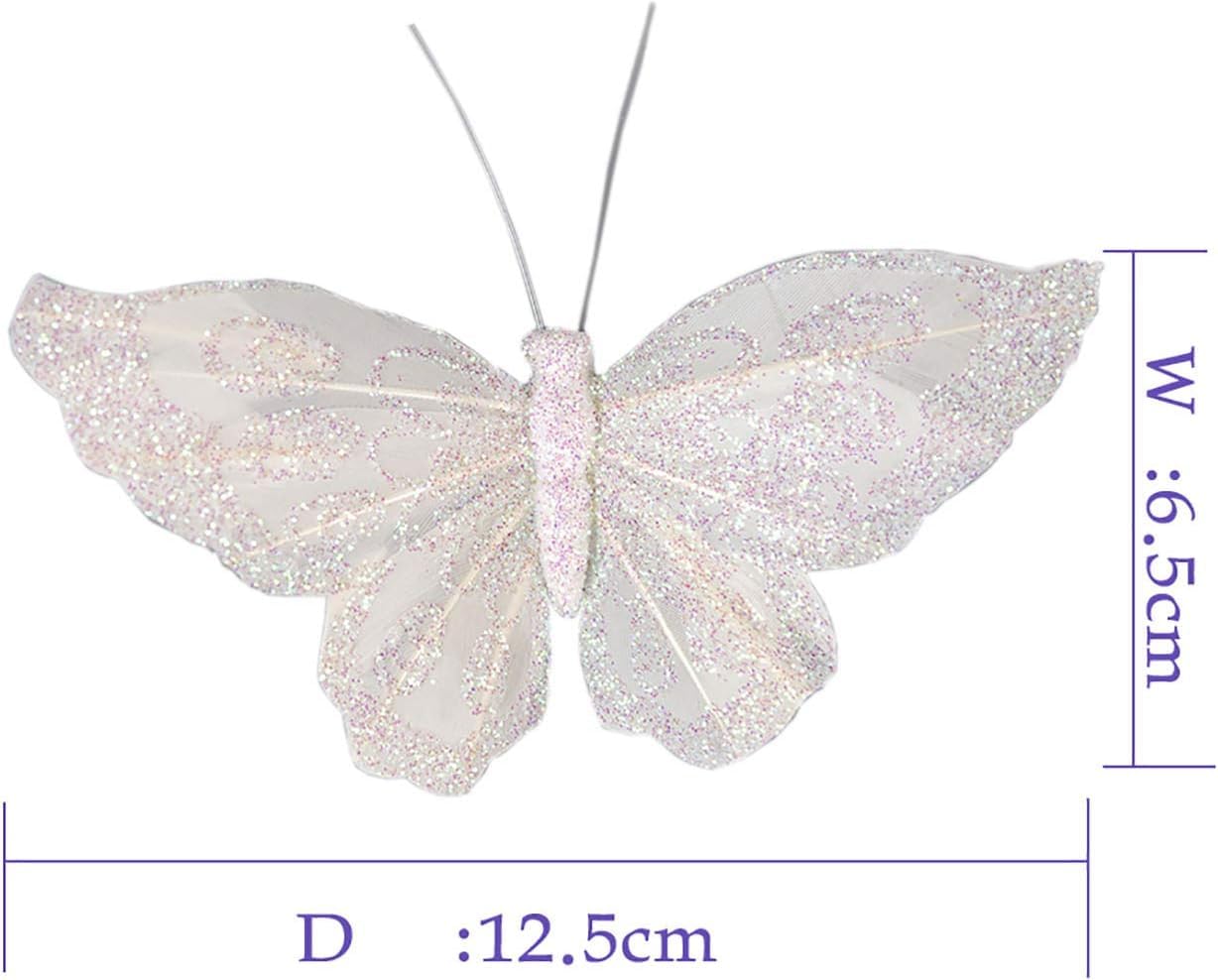 FEAGHYL-3" White Feather Butterfly Decorations with Wire Stem,Christmas Tree Ornaments, Set of 12 (C)
