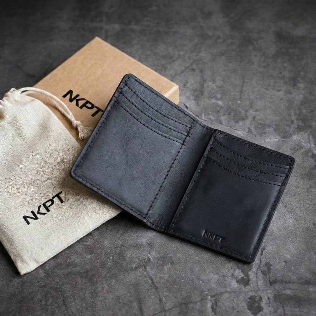 NKPT Slim Leather Credit Card Holder Wallet for Men | Full-Grain Leather, RFID Blocking, 6 Card Slots | Black