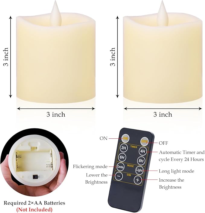 3x3 Flameless Candles with Remote & Timer - Battery Operated LED Pillar Candles, 600-Hour Long-Lasting, Flickering Effect for Valentine's Day, Indoor/Outdoor Decor (Ivory, 3x3 Inch, 2 Pack)