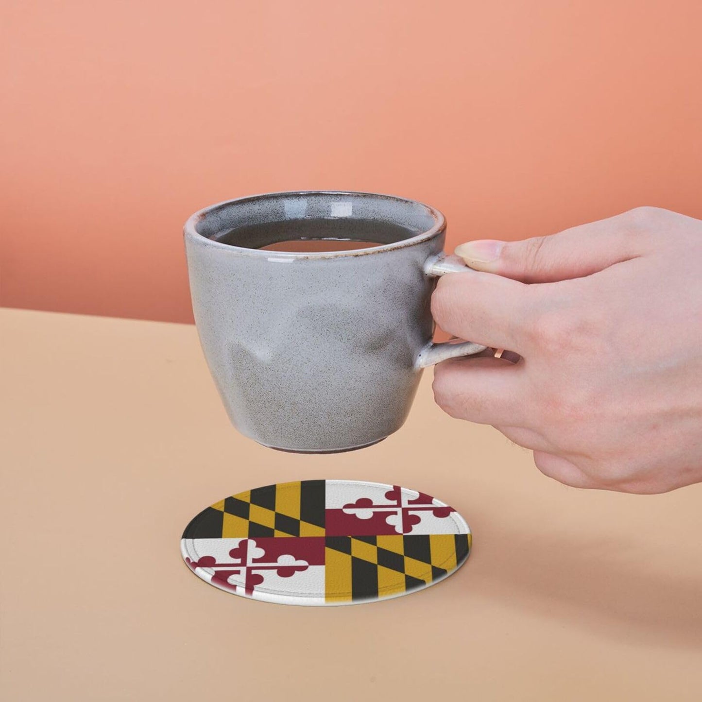 6 Pack Maryland State Flag Leather Coaster with Holder for Drinks- Heat Resistant Non-Slip National Flag Funny Coasters for Wooden Table Coffee Bar Kitchen Decor Housewarming, Set of 6