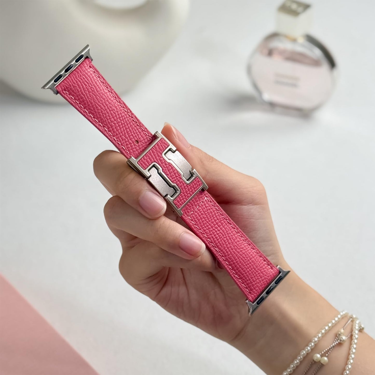 Leather Band Compatible with Apple Watch 49mm46mm45mm44mm42mm41mm 40mm38mm,Stylish Magnetic H Buckle Strap for iWatch Ultra 2/1/SE/Series 10/9/8/7/6/5/4/3/2/1 Women Men (Pink Band+Silver H Buckle, 38mm40mm41mm42mm)