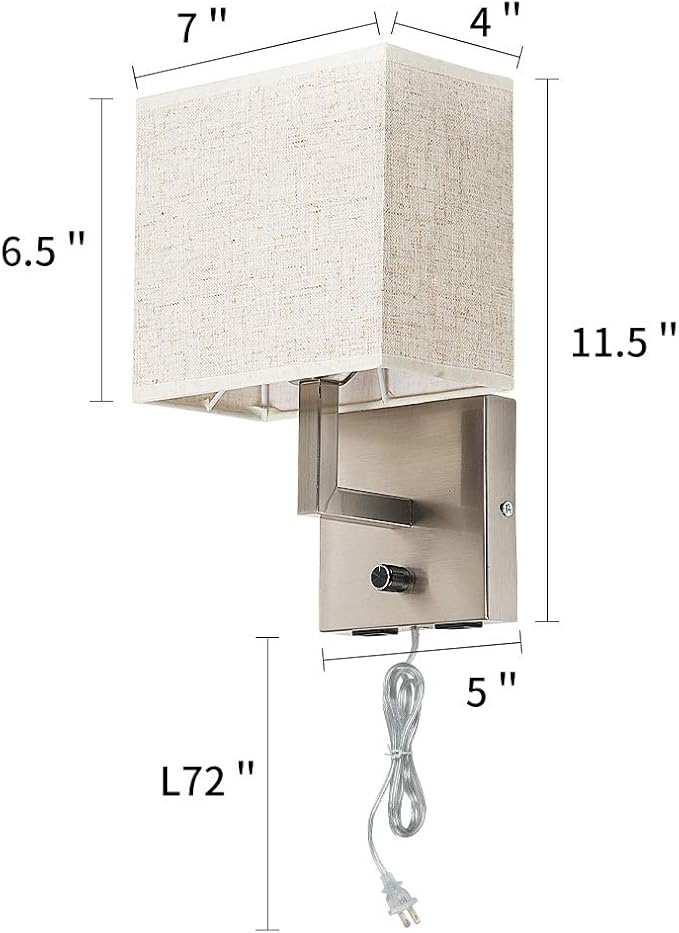 Bedside Wall Mount Light with Dimmer Switch and Two USB Charging Port,Fabric Linen Shade Wall Sconces Light with Plug in Cord and Satin Nickel Finish, Perfect for Bedroom, Living Room and Hotel
