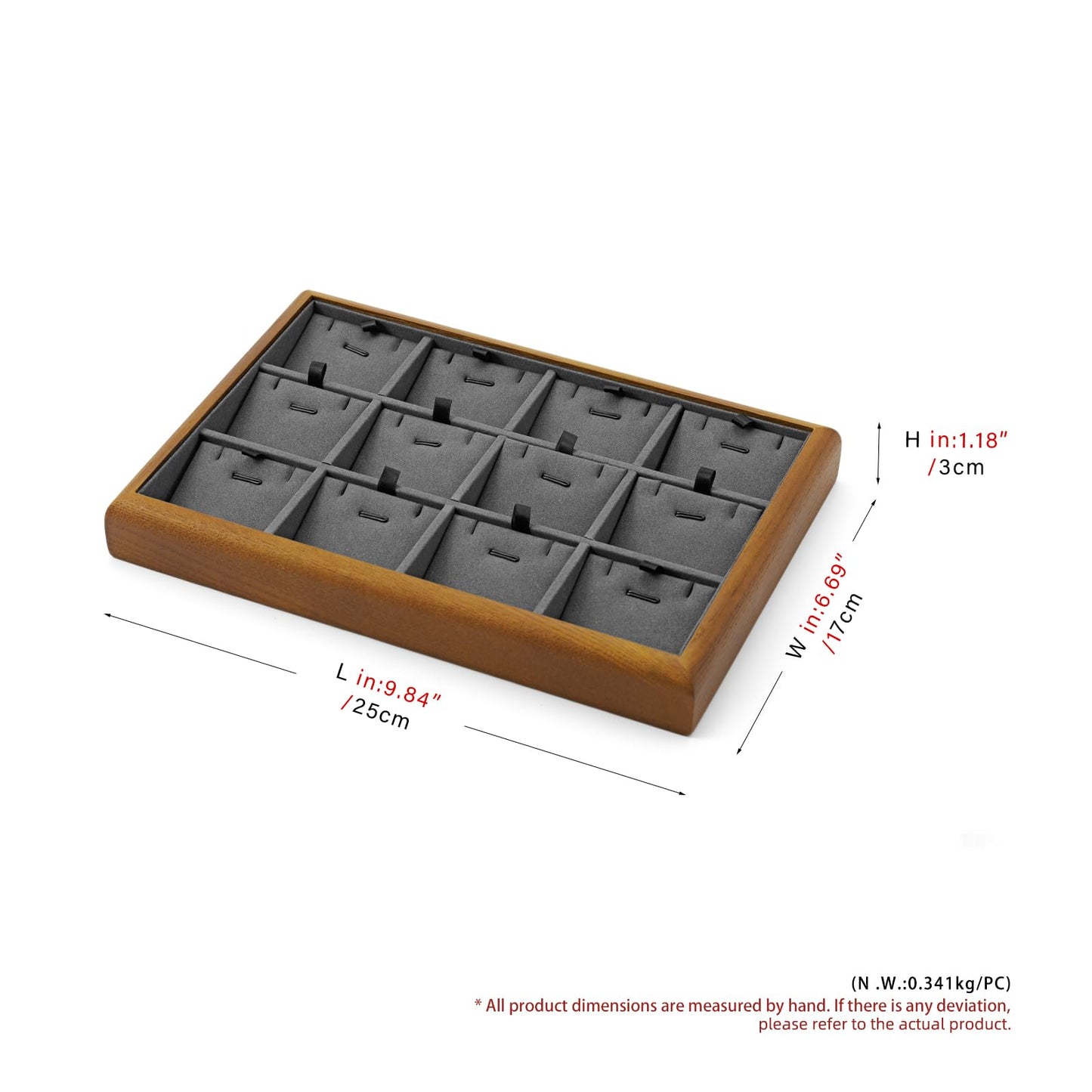 Oirlv Solid Wood 12 Grid Liner Pendant Jewelry Organizer Tray Jewelry Drawer Organizer(Grey)