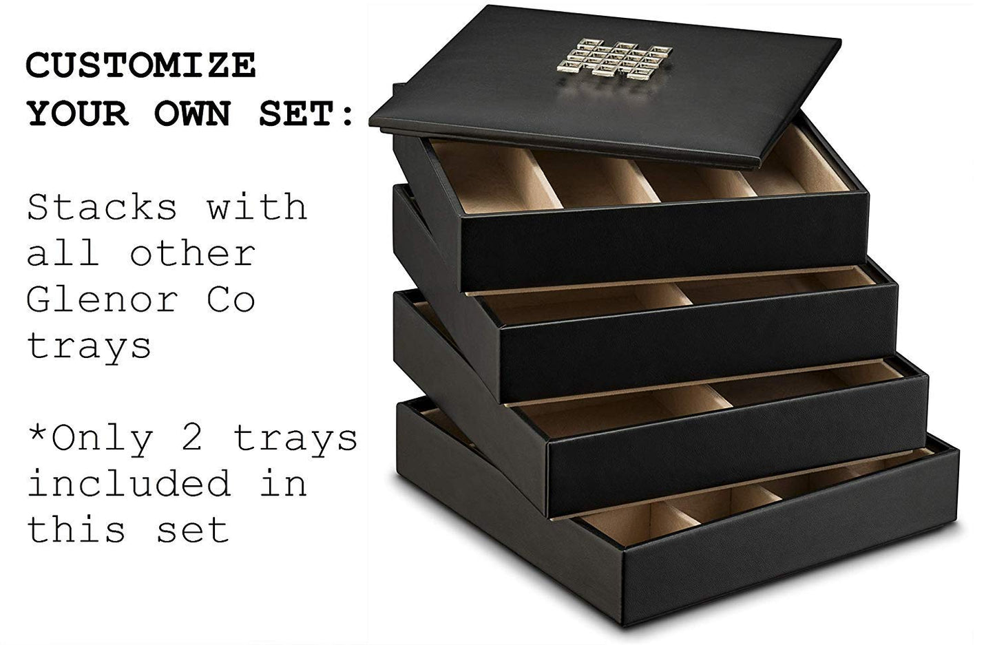 Glenor Co Jewelry Organizer Tray - Set of 2 - Stackable Empty 2 Inch Deep Jewelry Storage Trays w/o dividers - Display on Dresser or Drawer - Compatible with Other Trays - Black