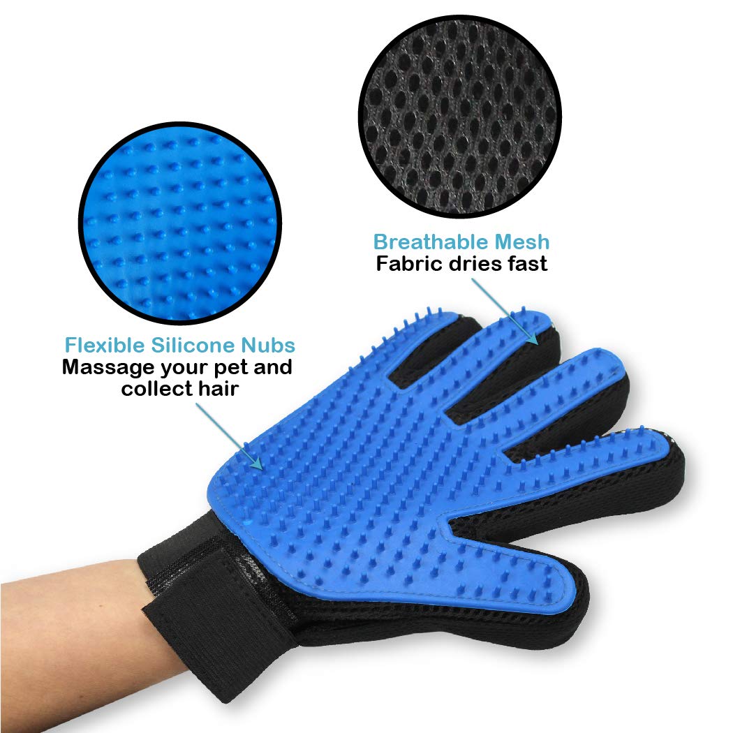 Pets First Dog Grooming Gloves Best Professional Deshedding, Brushing, Cleaning Mitt Tool for Small, Medium or Large Dogs & Cats. Fur & Hair Remover. Prevents Matted Coats. Soft Rubber Bristle Brush