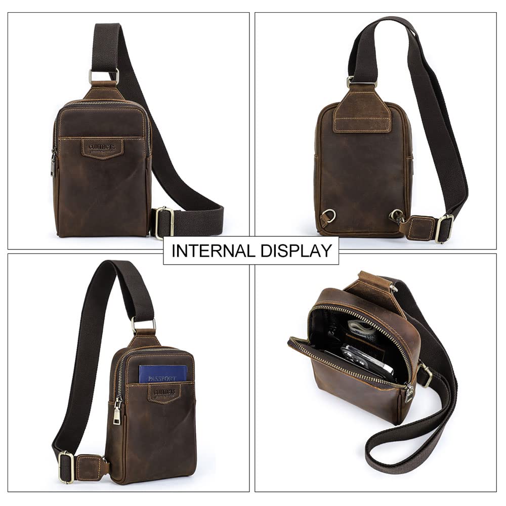 CONTACTS Full Grain Leather Sling Bag for Men Small Crossbody Chest Bag Casual Shoulder Daypack Travel Phone Purse Side Bag