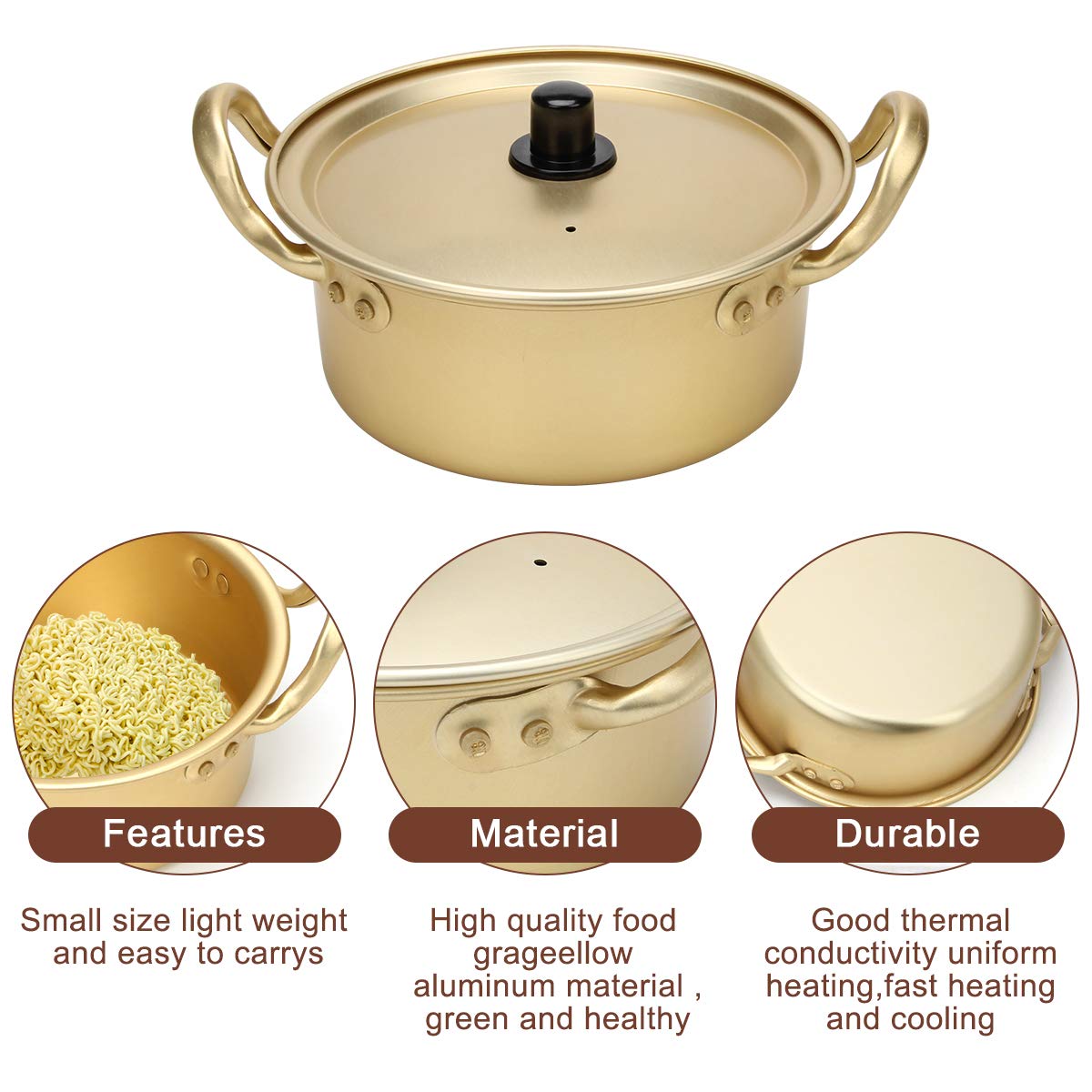 Korean Ramen Cooking Pot, AHIER Korean Ramen Noodle Pot With Lid, Spoon and Chopsticks (1pair), Fast Heating for Kitchen Cookware (Double handle) (6.3in)