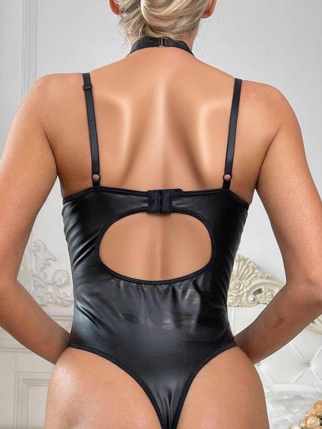 Myilewjt Leather Bodysuit for Women Lingerie Underwire One Piece Teddy Outfits with Chain and Choker Black X-Large