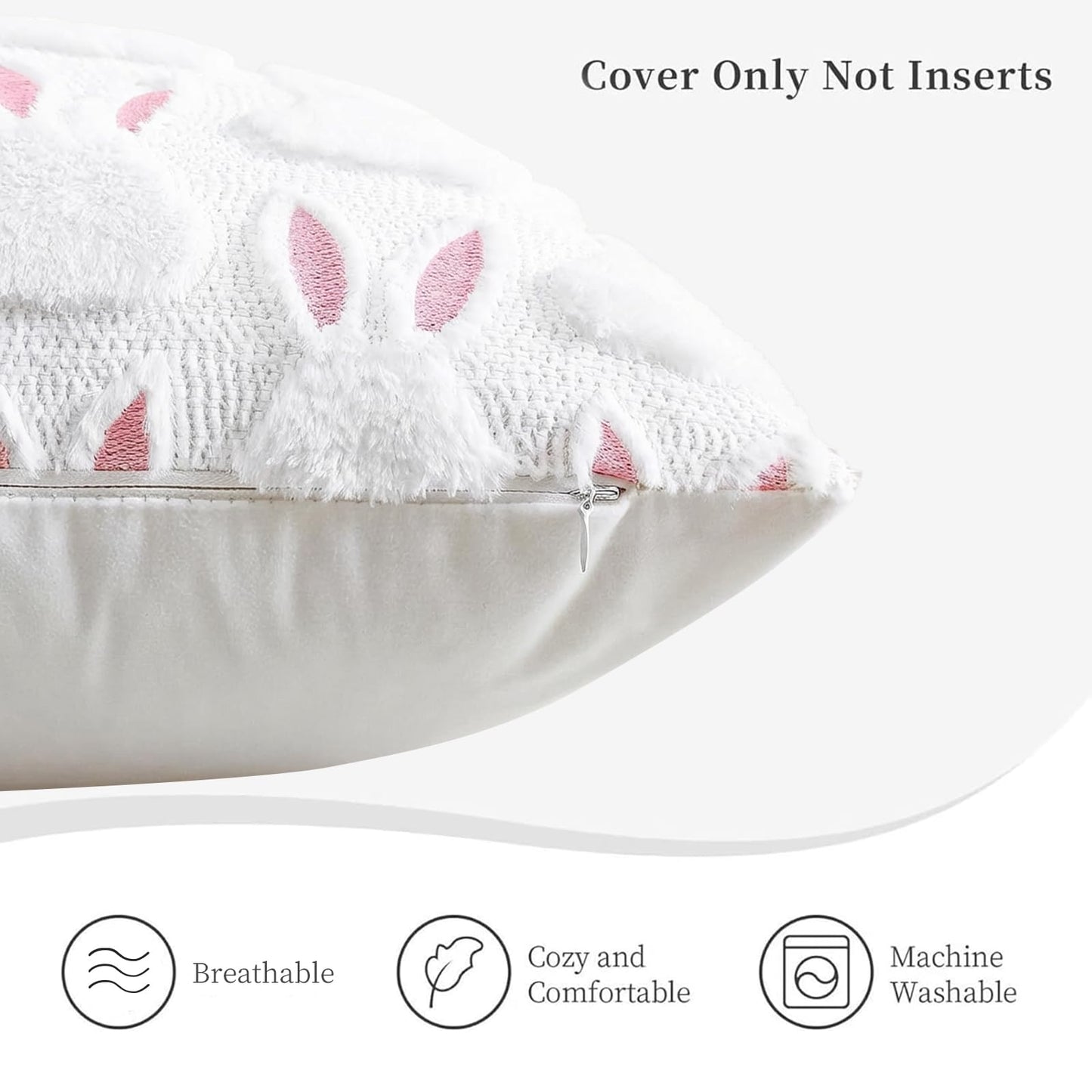 HDVUHKI Easter Throw Pillow Covers 18x18 inch Set of 4, White Pink Bunny Eggs Holiday Living Room Soft Fluffy Plush Faux Fur Wool Decorations for Sofa Couch Bed