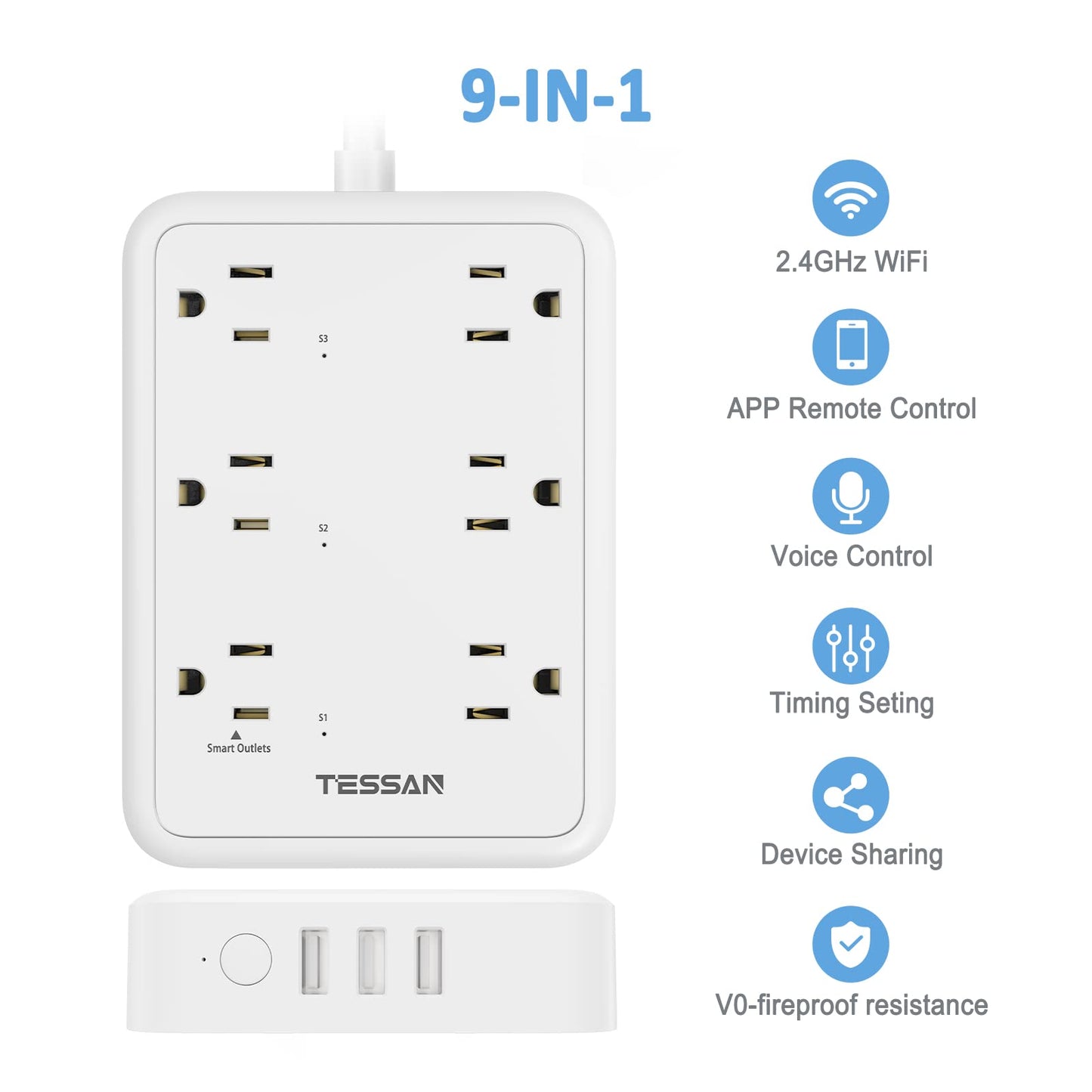 TESSAN Smart Power Strip with 6 Outlet 3 USB, WiFi Wall Smart Outlet Plug with 3 Remote Controll Outlets, Compatible with Alexa Google Assistant for Home Office, Only 2.4 GHz Wi-Fi