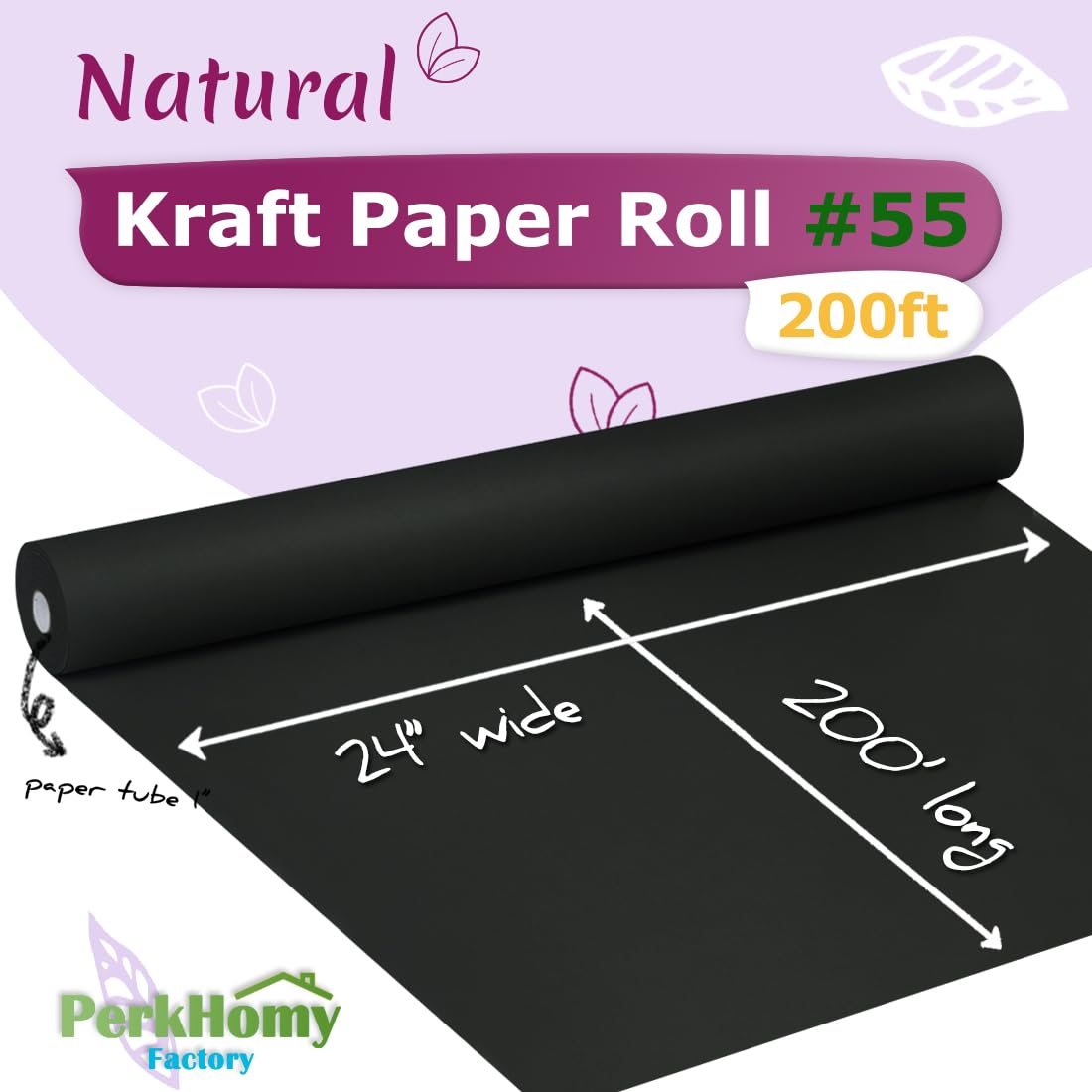 PerkHomy 24" x 2,400" (200') Black Kraft Paper Roll for Craft Bulletin Board Paper Art Table Covering Crafting Gift Wrapping Bouquet Packing Parcel 80GSM 55LB (Black, 24" x 200')