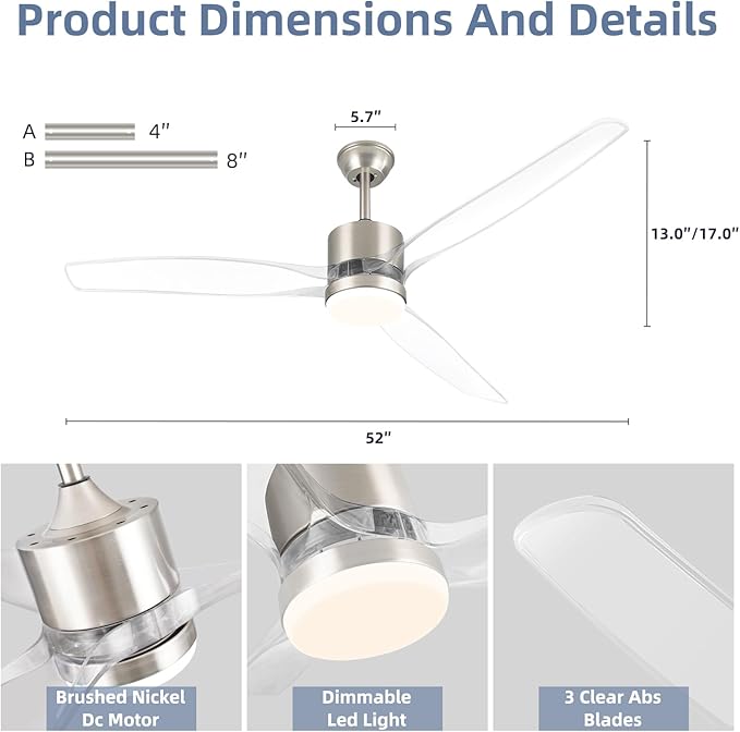 OKELI 52" Smart Ceiling Fan with Light, WiFi Enabled for Alexa & App Control, Reversible Brushed Nickel Modern Ceiling Fan with Dimmable LED Light and Remote, Clear Blades for Living Room Bedroom