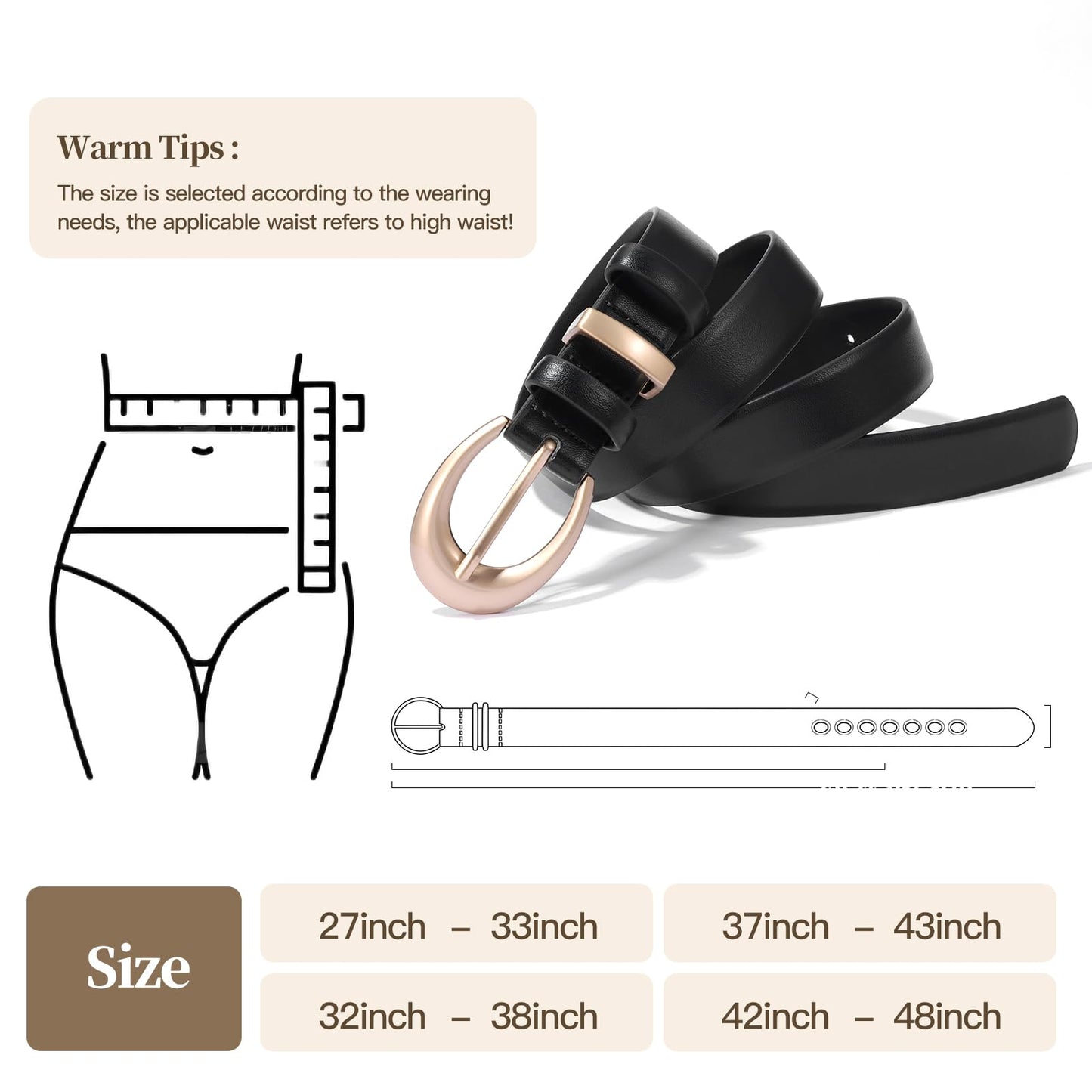 KONQUWA Women's Cow Leather Belt for Jeans Pants Fashion Ladies Skinny Dress Waist belt with Gold Buckle (Coffee/Matte Buckle,32″-38″)