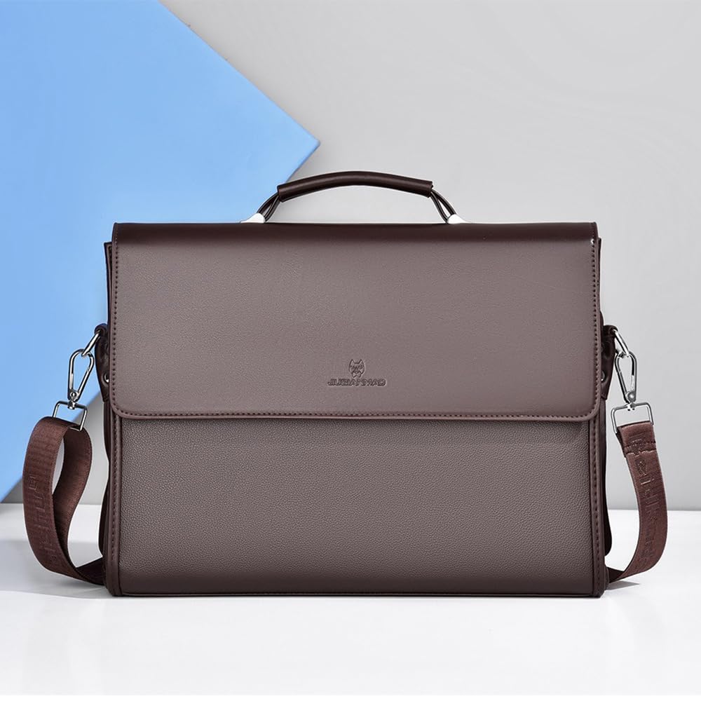 Men‘s 14” Laptop Briefcase, Handheld & Crossbody Bag with Detachable Shoulder Strap, Multiple Compartments, Water-Resistant (Brown)