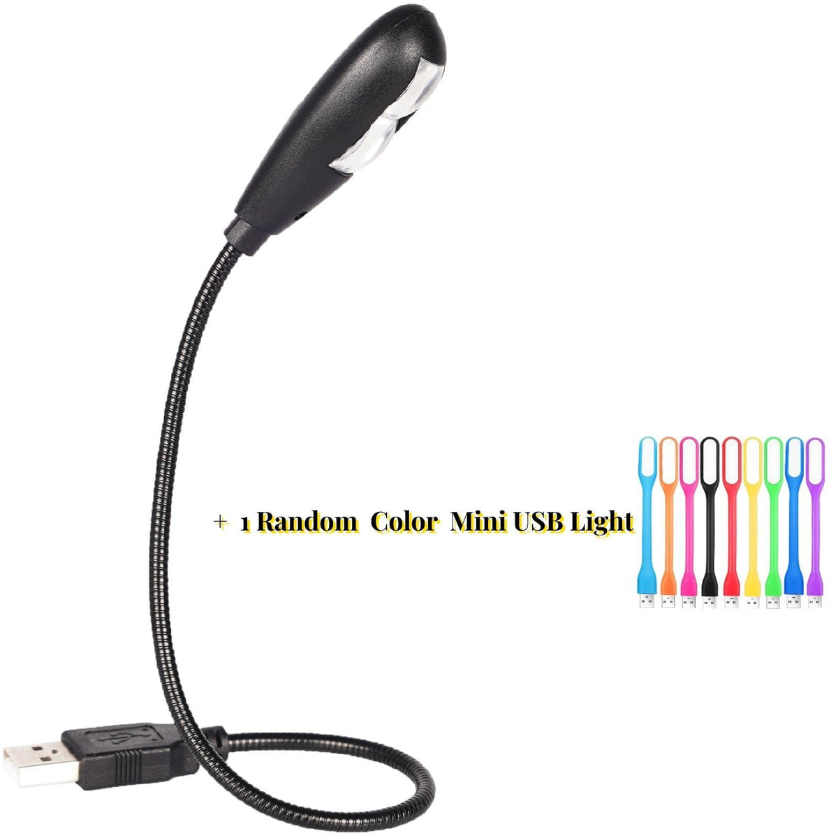Kyfreshpower LED USB Reading Lamp Light with 2-Brightness Dimmable Setting, Flexible Gooseneck USB Light for Notebook Laptop Keyboard, Powerbank(On/Off Switch, 1 Black+1 Mini USB Light)