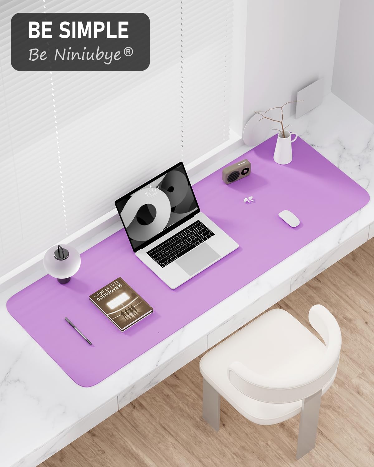 Niniubye Desk Pad, 48" x 17" PU Leather Non-Slip Desk Mat Large Mouse Pad for Desktop, Waterproof Laptop Computer Writing Mat for Office, Home, Work, Gaming, Purple