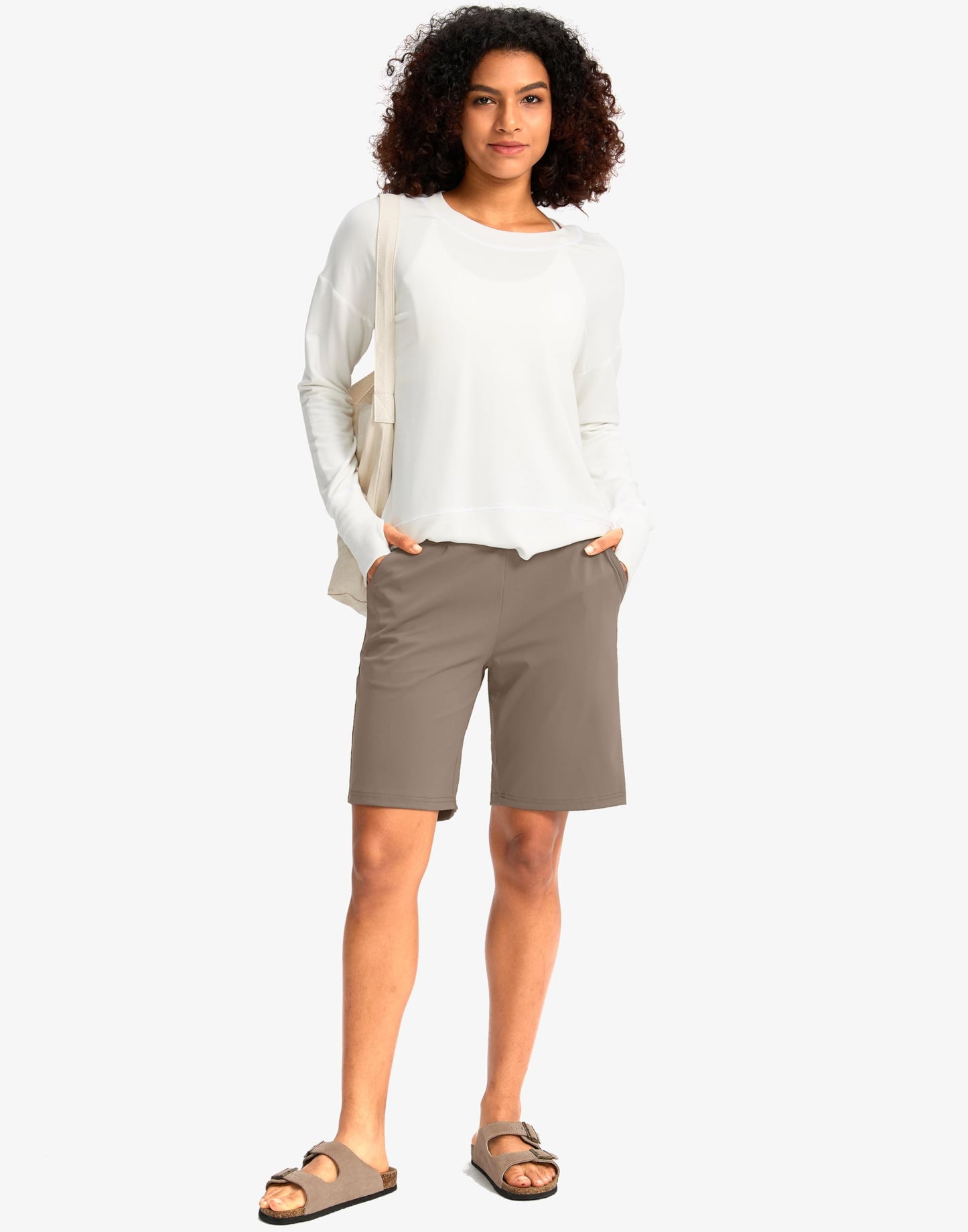G Gradual Women's Bermuda Long Shorts with Pockets 9" High Waisted Knee Length Shorts for Women Walking Athletic Workout(Taupe,XXXL)