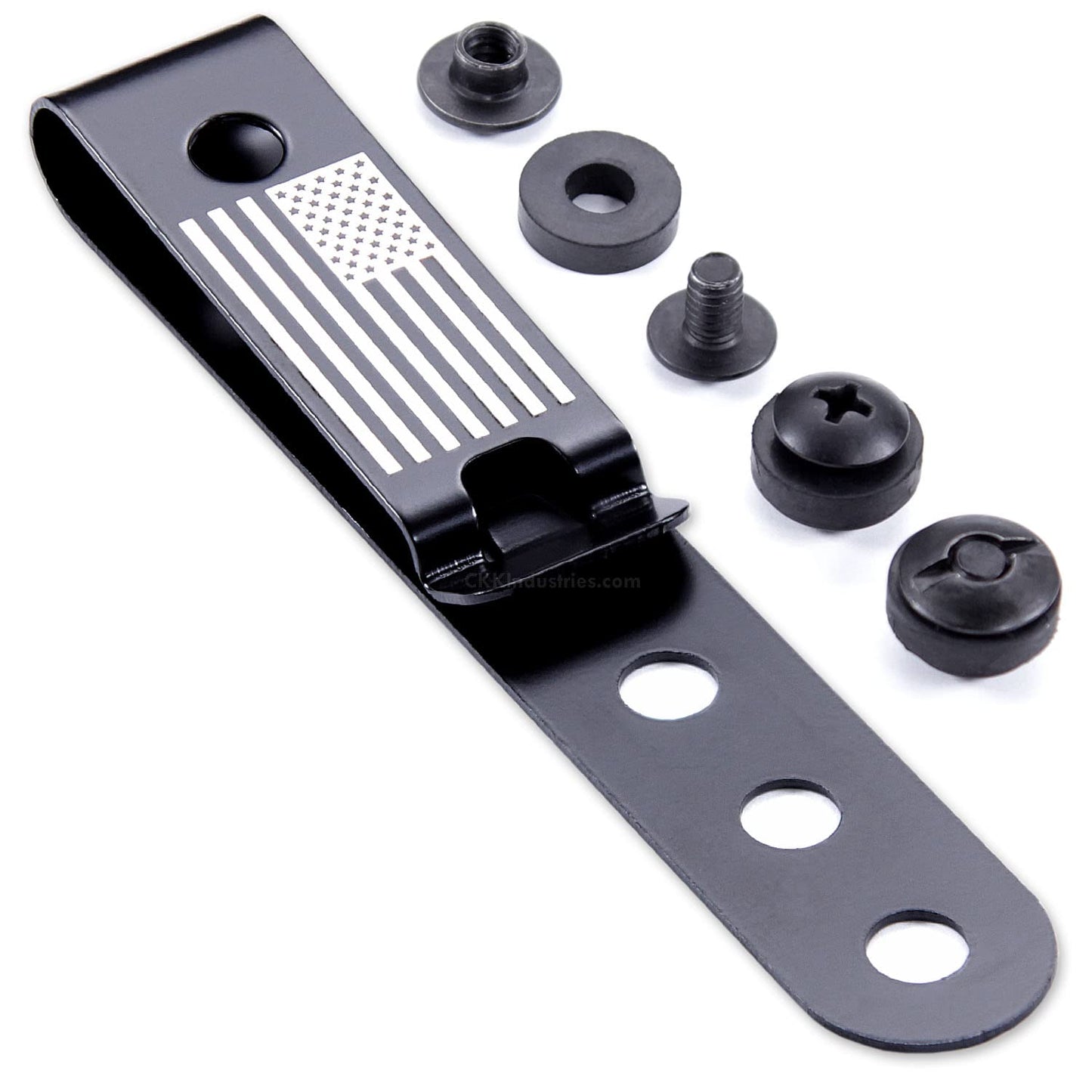 Universal Metal Belt Clip for Holster Making - (Model 5) - (3-Hole) - (Tactical Black) - (w/USA Flag Engraving) - (w/Mounting Hardware) - (1 Pack)