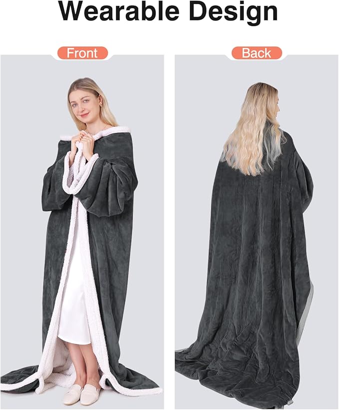 Wearable Heated Blanket with Sleeves, Electric Heated Blanket for Gifts, Electric Throw Wrap Poncho Shawl with Pockets, 6 Heating Levels & 4 Hours Time Settings, 50 x 70 Inch (Grey)