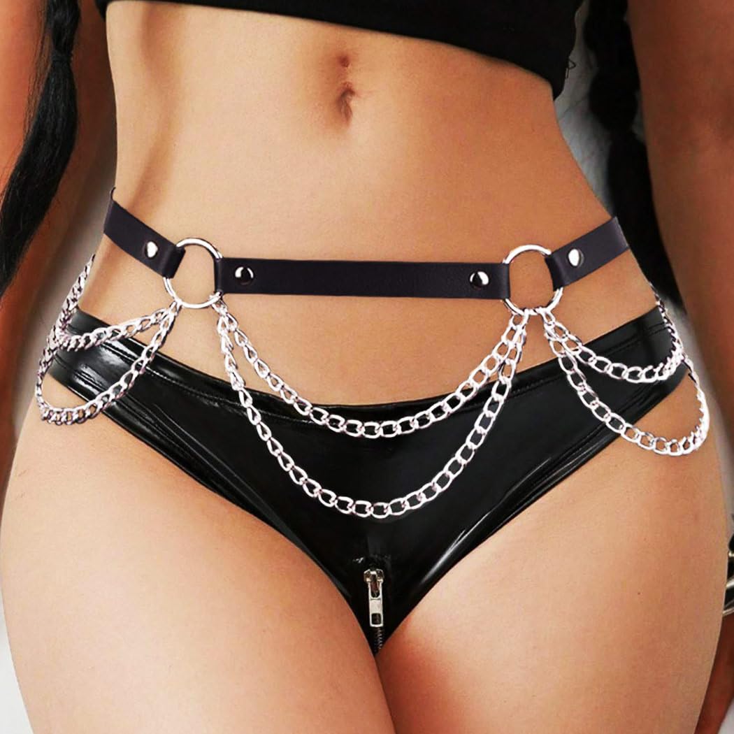 REETAN Goth Waist Chain Belt Black Leather Rave Punk Body Accessories for Women