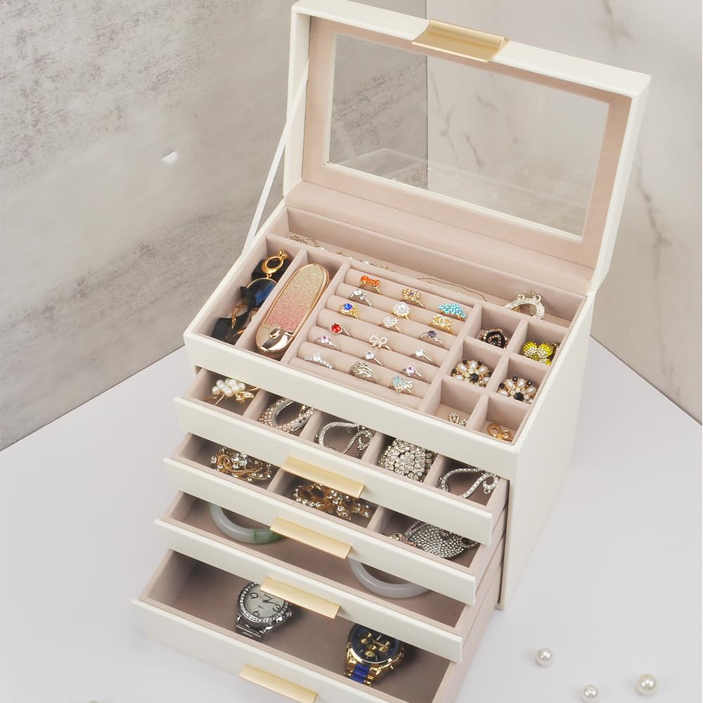 GYJOYERO Jewelry Box with Glass Lid 5 Layers Jewelry Orangizer Women Girls PU Leather Jewellery Hold Storage Large Case 4 Drawers big Jewelry Display GY822 (White)