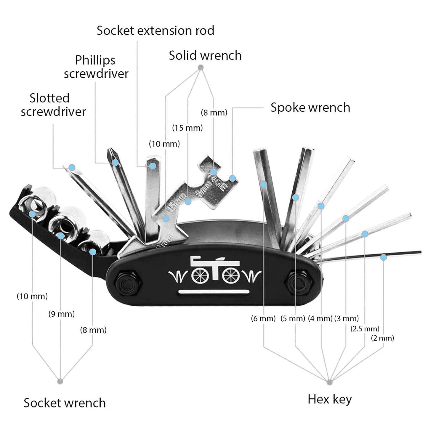 WOTOW Bike Repair Tool Kit, 16 in 1 Bicycle Multitool with Tire Levers Hex Spoke Wrench, Multi Function Accessories Set for Road Mountain Bikes
