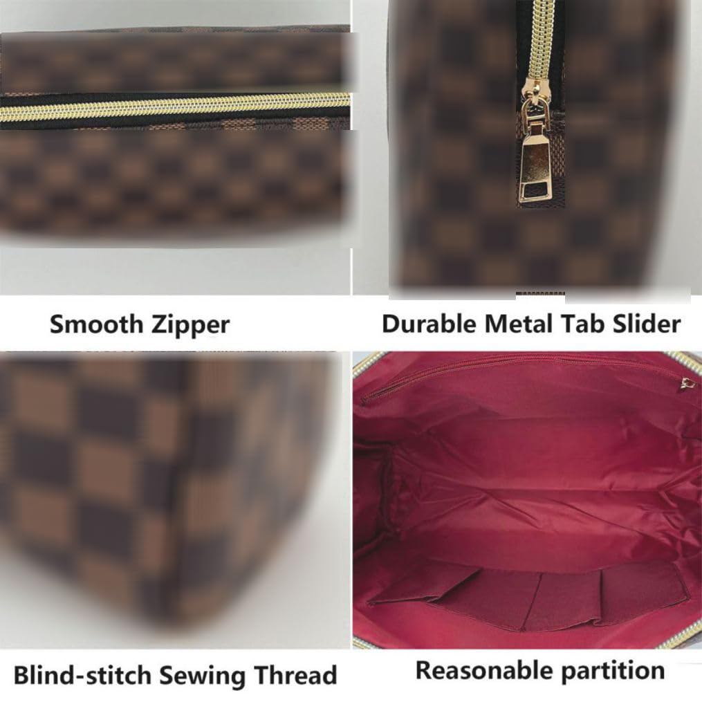 Brown Checkered Makeup Bag Set, Portable with Adjustable Partition, Large Capacity Pouch for Travel Organizer, Makeup Brushes Bag, Waterproof, Toiletries, Designer for Gift( 3Pcs Brown Checkered)