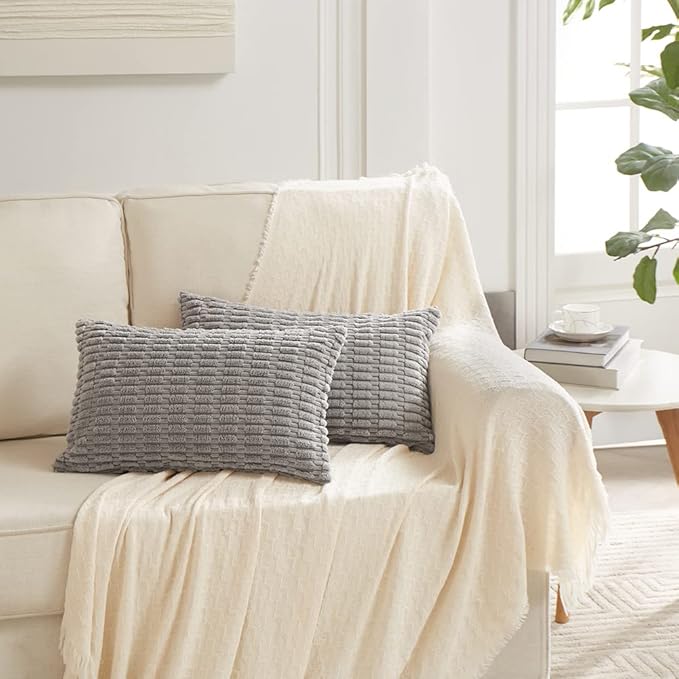 Fancy Homi Gray Lumbar Farmhouse Decorative Throw Pillow Covers 12x24 Inch for Living Room Couch Bed Sofa, Rustic Boho Home Decor, Soft Striped Corduroy Rectangle Cushion Case 30x60 cm