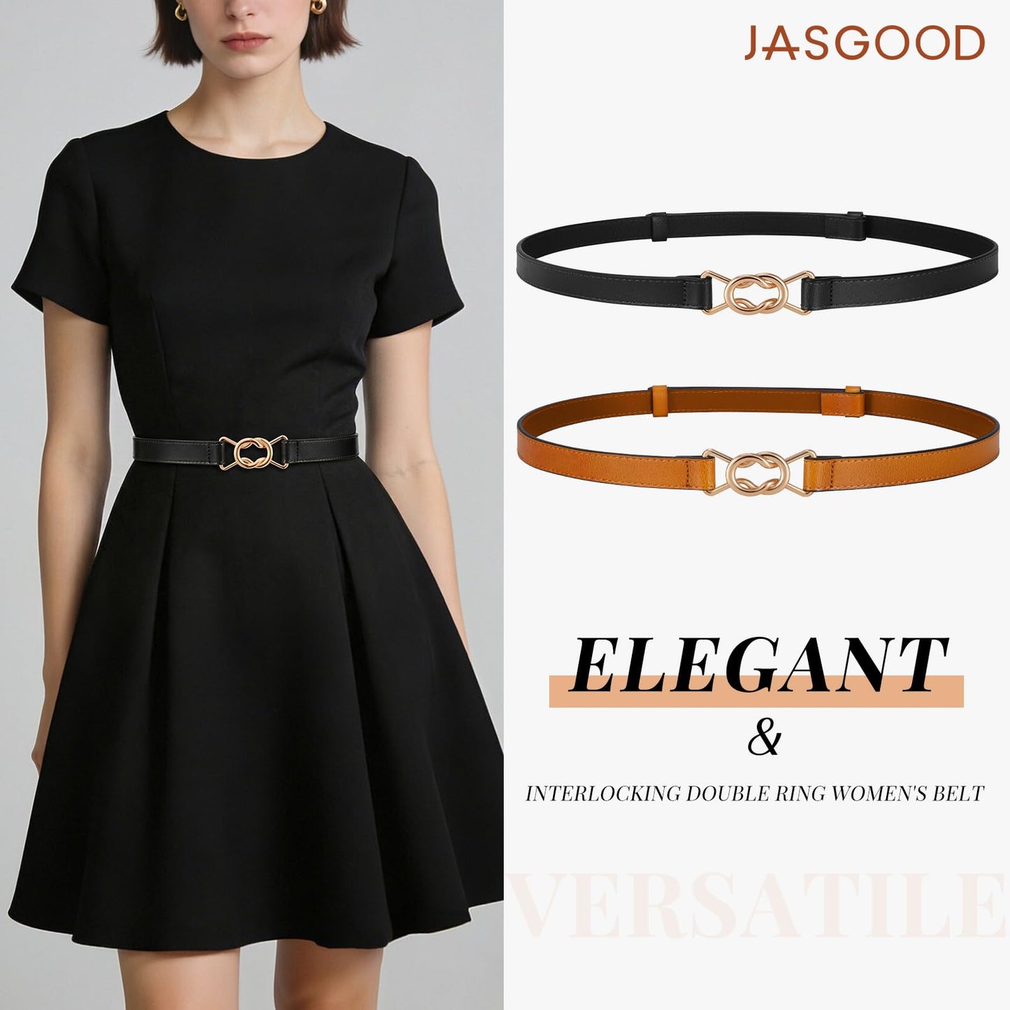 JASGOOD Women Skinny Genuine Leather Belt Thin Waist Belt for Jeans Pants Adjustable Vintage Belt with Gold Buckle 2 Pack