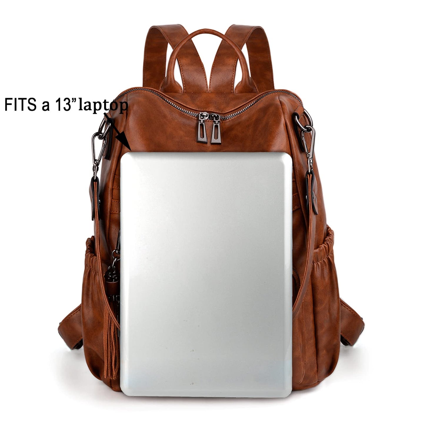 UTO Women Backpack Purse Oil Wax PU Leather Ladies Fashion Designer Rucksack Convertible Travel Shoulder Bag with Tassel Brown