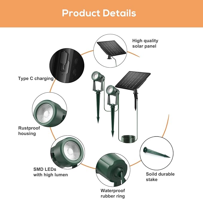 ZYAN Solar Powered Landscape Spotlights, Green Cord Solar Spot Lights Outdoor Auto On/Off, Waterproof Landscape Lighting for Yard, Garden, Lawn, Plant, Tree, Wall, Fence (Warm-White, 4 Pack)