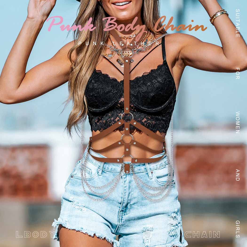 BODIY Fashion Harness Belt Plus Size Harness Waist Belts Punk Leather Body Harness for Women (Brown)