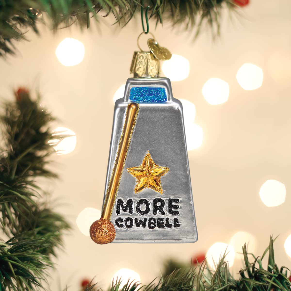 Old World Christmas Cowbell Glass Blown Ornament for Christmas Tree, Handcrafted Holiday Decoration, Western Collection