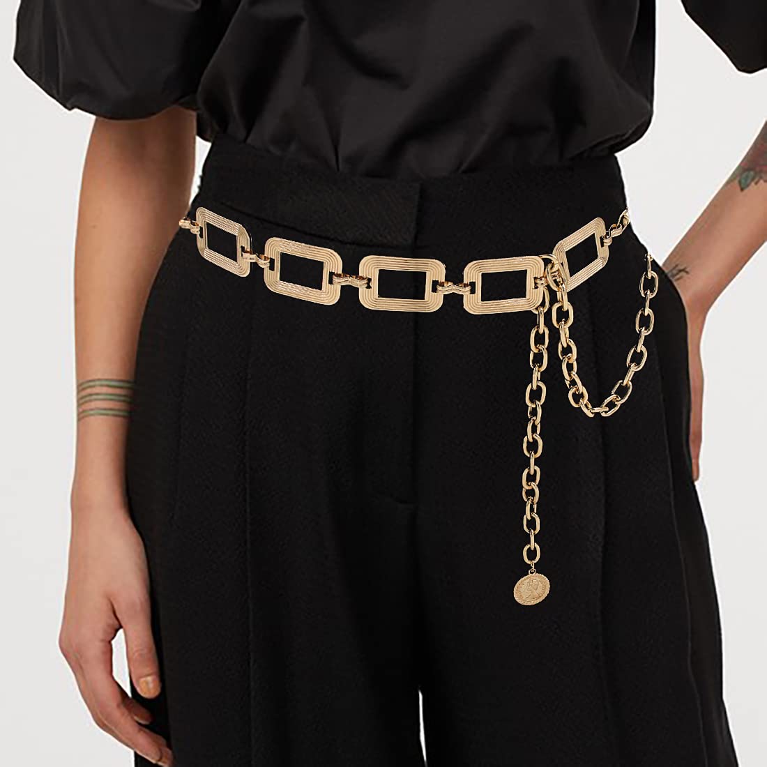 HIQUACC Metal Square Waist Chain for Women Square Body Link Belt for Dresses (219-Gold S)