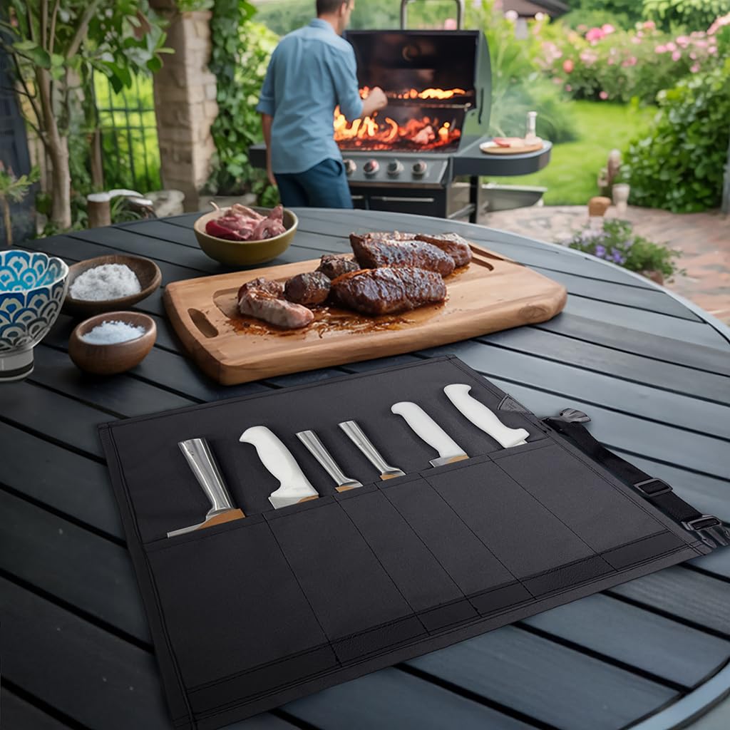 Under NY Sky Knife Roll Case - 6 Slots - Heavy Duty Oxford Canvas Pouch - Leather Reinforced - Portable Bag for Cooking Tools, Utensils, Cutlery Knives, Brushes - Chefs, Kitchen, Travel, Gift - Gray
