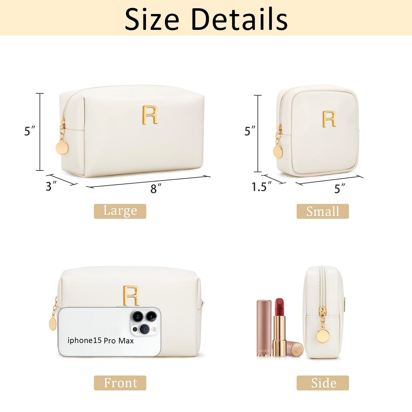 CLOUDWINGS Personalized Birthday Gifts for Women - Initial Makeup Bag Set Travel Toiletry Bag Cosmetic Bags Soft Waterproof PU Leather Makeup Pouch Travel Essentials (R, 2pcs Beige)