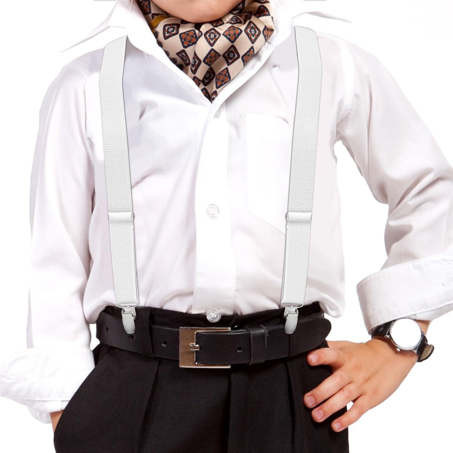 Buyless Fashion Adjustable Suspenders for Kids - 26" Elastic Straps 1" - Leather Y Shape Back - 5151 - White