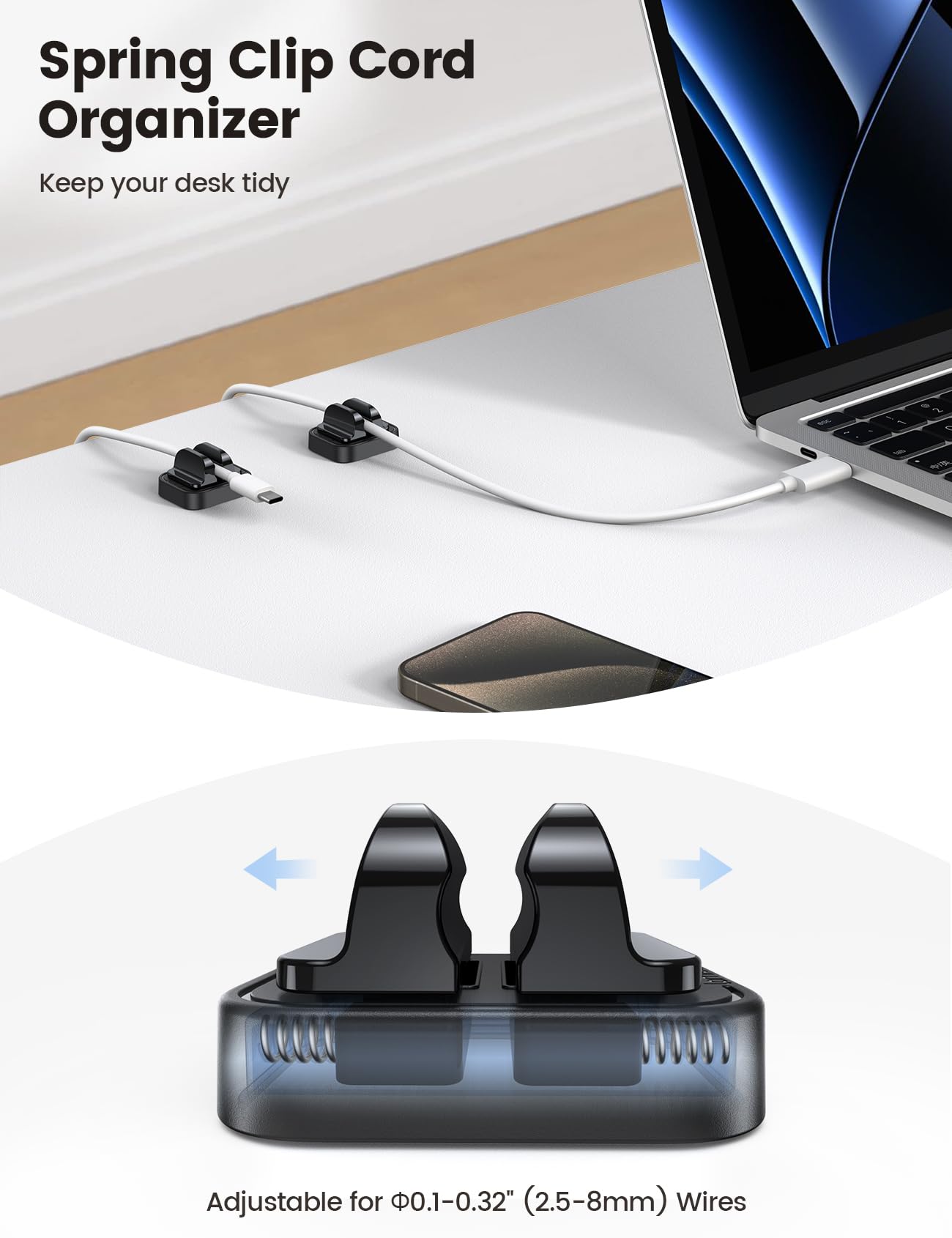 5Pack Cable Spring Holder Clips, Cord Organizer for Desk - Lamicall Adjustable Cord Wire Holder Keeper, Phone Charger Organizer Clips, Wire Cable Management for Nightstand Wall Car Office Desktop