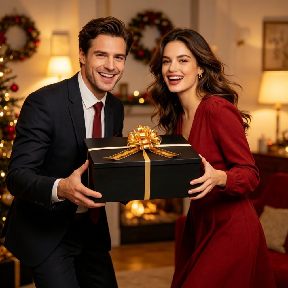 UoeRing Black Extra Large Gift Box 1Pcs 22x17x9 inch,luxury Gift Box with Lid for Presents Birthday Christmas Valentine's Day (Contain Pull Bows,Card,Envelope,Filler)