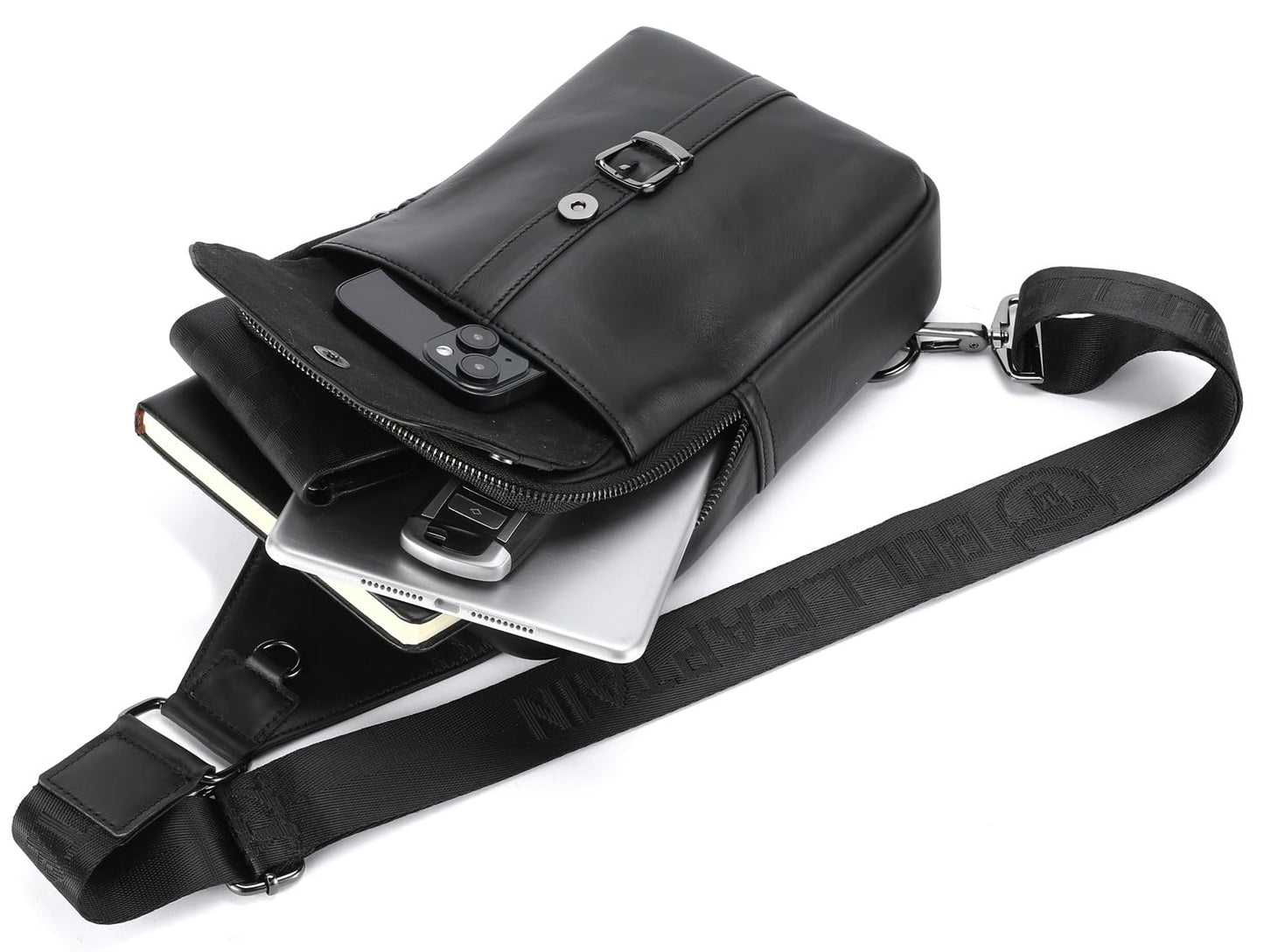 BULLCAPTAIN Men's Leather Samll Crossbody Backpack Sling Chest Bag for Hiking Travel (Black)