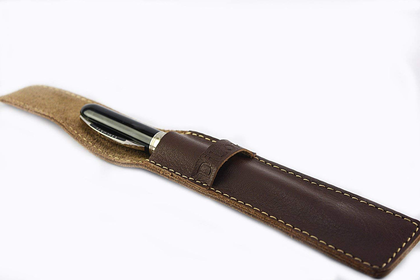 DiLoro Full Grain Thick Genuine Single Leather Pen Case Holder Pouch Pen Protector Pencil pencase (Buffalo Brown)