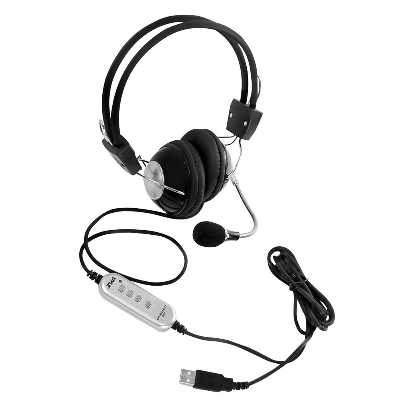 Multimedia Gaming USB Mic Headset - Over Ear Professional Wired Headphone w/ Noise Cancelling Mic, 3D 360 Stereo Surround Sound - PC Gaming Console - Game, Skype Chat, Call Center - Pyle Home PHPMCU10, Silver/Black