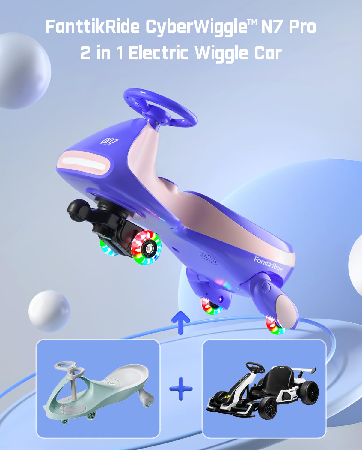 FanttikRide N7 Pro Electric Wiggle Car with Pedal, Rechargeable Battery, CyberWiggle, 2 in 1 Swing Car, 2 Speed, Anti-Rollover, Flashing Wheels, Bluetooth, for Ages 3 and Up, 150 Lbs, Pink