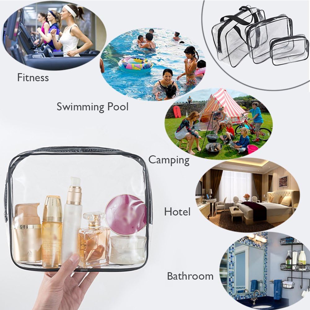 APREUTY Clear Makeup Bags, TSA Approved 6 Pcs Cosmetic Makeup Bags Set Clear PVC with Zipper Handle Portable Travel Luggage Pouch Airport Airline Vacation Organization (Black)