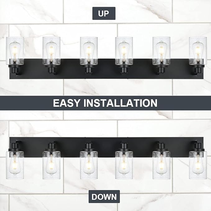 Modern Bathroom Vanity Light 6-Light Lamp in Black, Farmhouse Wall Light Fixture with Seeded Glass Shades Indoor Wall Lamp