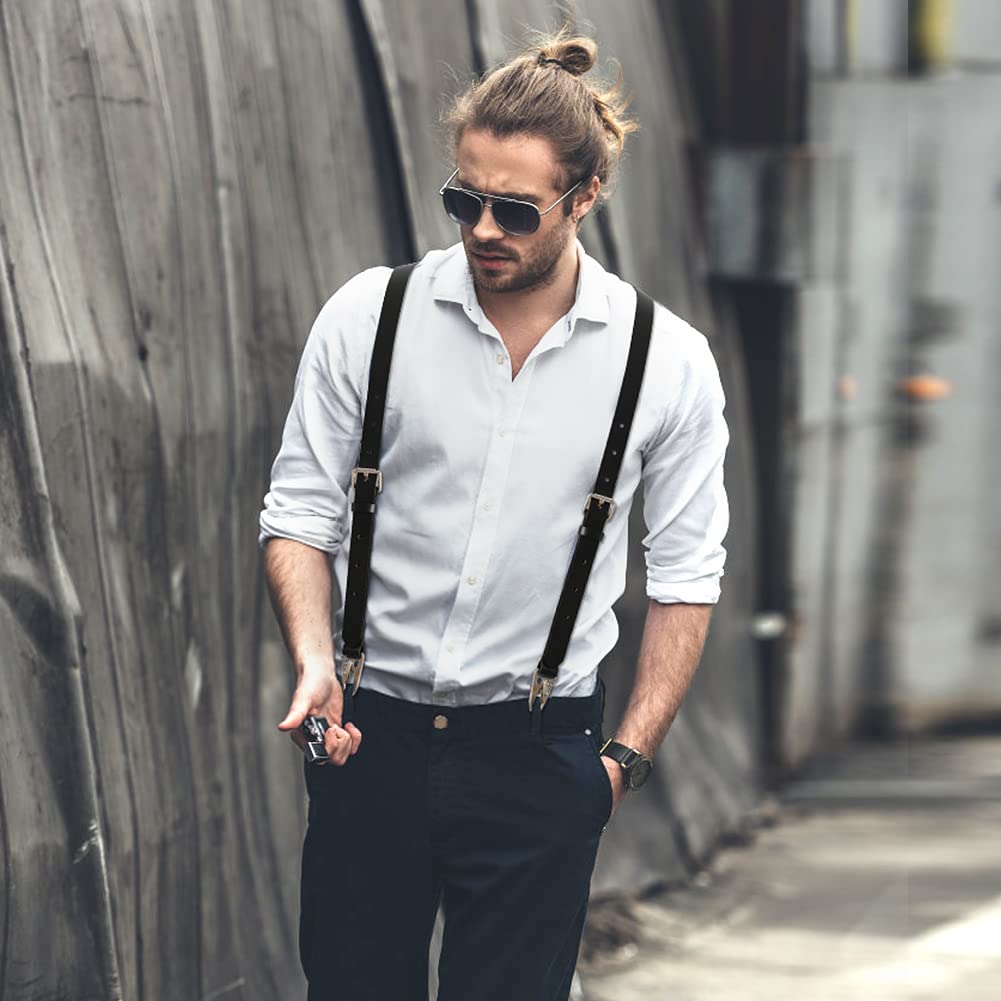 Ringsun Genuine Leather Suspenders for Men, Y Design Hidden Suspenders Under Clothes with 3 Snap Loop, Adjustable Accessories for Men Wedding & Party Essentials, Black