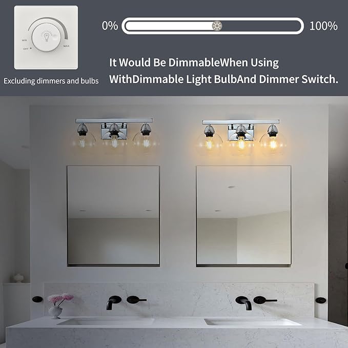 Bathroom Light Fixtures, 3-Light Silver Vanity Light with Hand-Blown Thick Glass Shades, High Transparency & Few Flaws, Wall Sconce for Mirror, Kitchen, Bedroom
