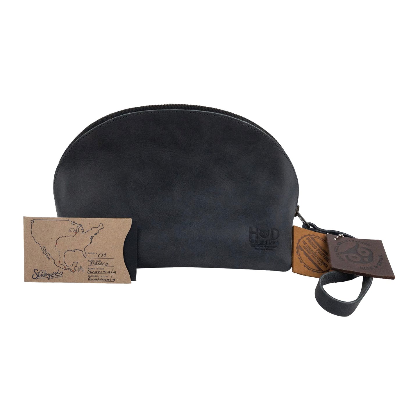 Hide & Drink, Cosmetic Travel Organizer with Hand Strap for Women, Makeup Bag, Classic Handbag, Full Grain Leather, Handmade, Charcoal Black